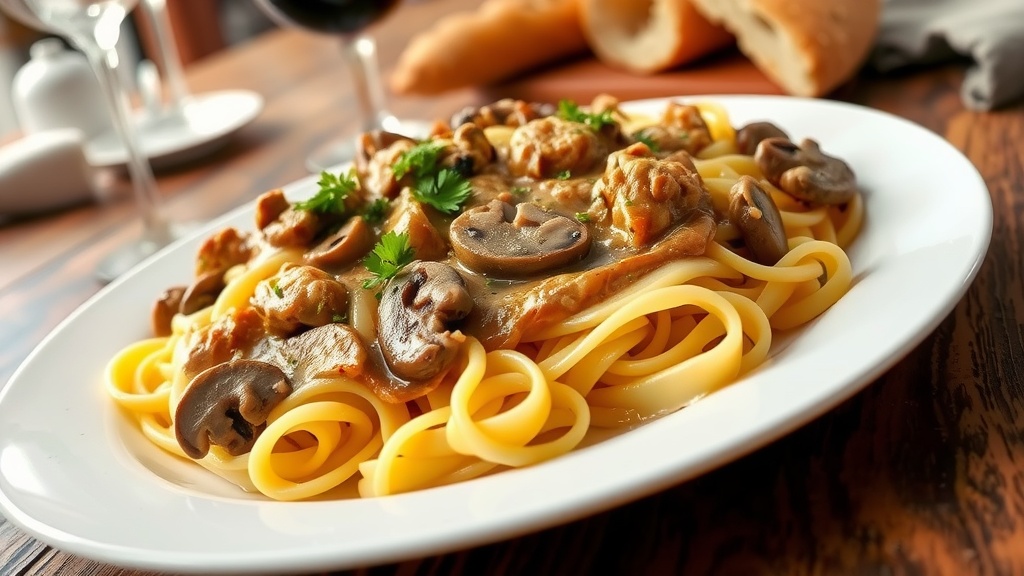 Creamy Beef Stroganoff Pasta Recipe Creamy Beef Stroganoff Pasta with tender beef and mushrooms, garnished with parsley, served on a rustic table.